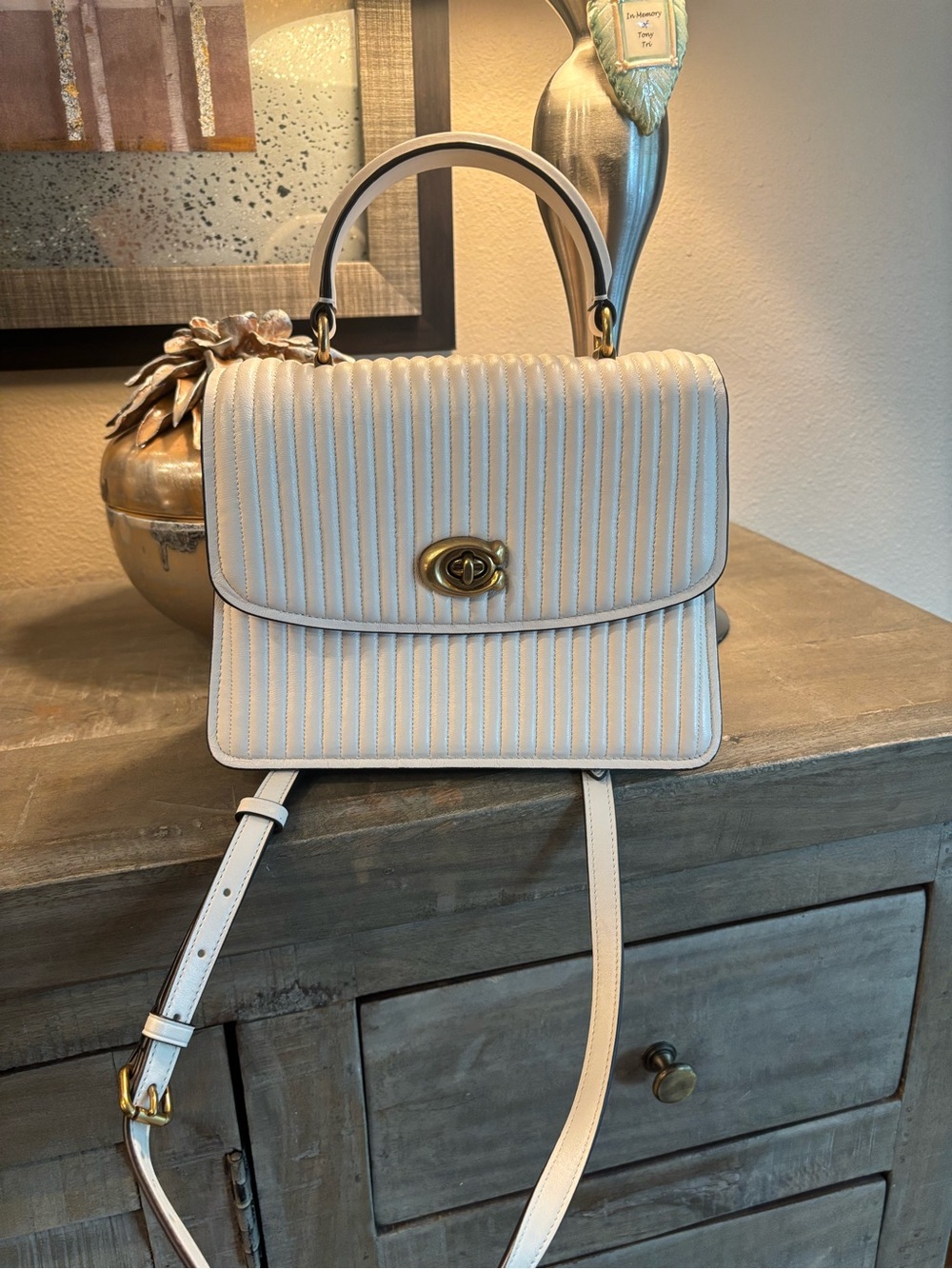 Coach Cream Quilted Top-Handle Crossbody with Gold Hardware